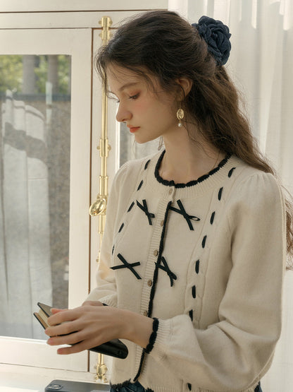 【Final Sale】Miranda Round Neck Contrast Bow cardigan
