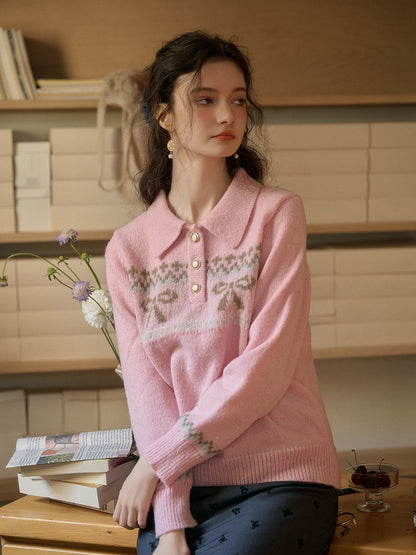 Paloma POLO領撞色蝴蝶結印花套頭針織衫
