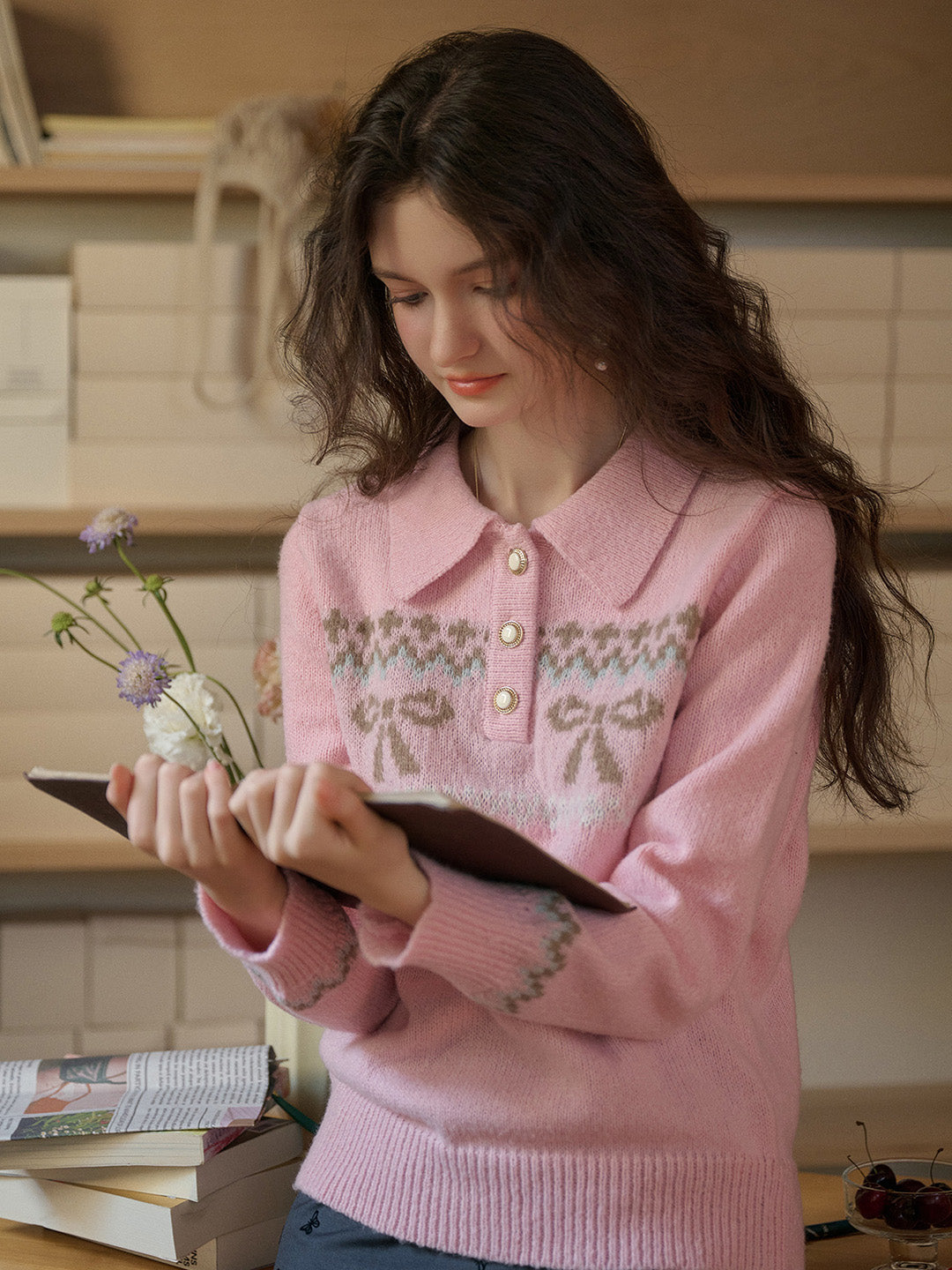 Paloma POLO領撞色蝴蝶結印花套頭針織衫