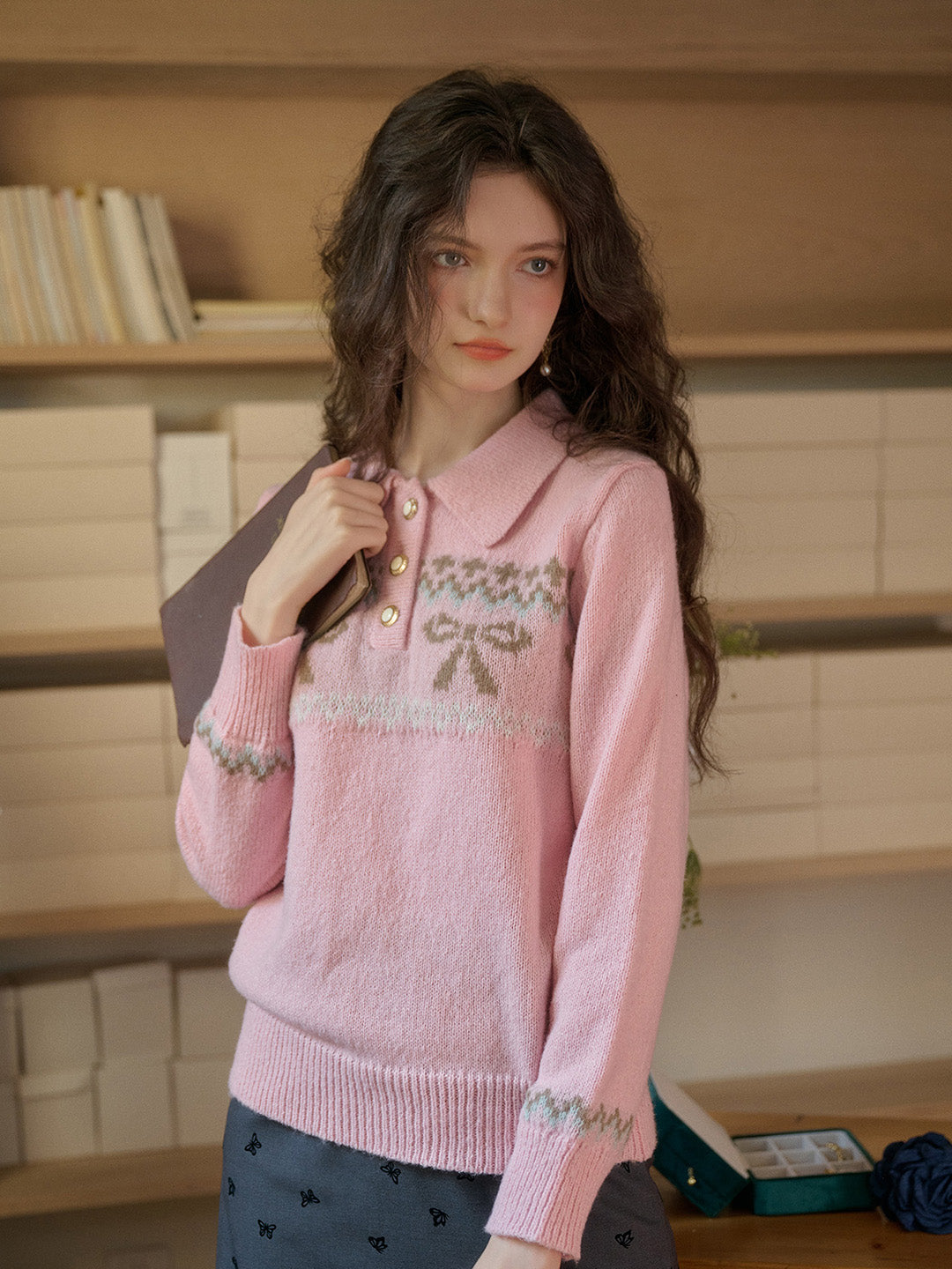 Paloma POLO領撞色蝴蝶結印花套頭針織衫