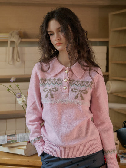 Paloma POLO領撞色蝴蝶結印花套頭針織衫