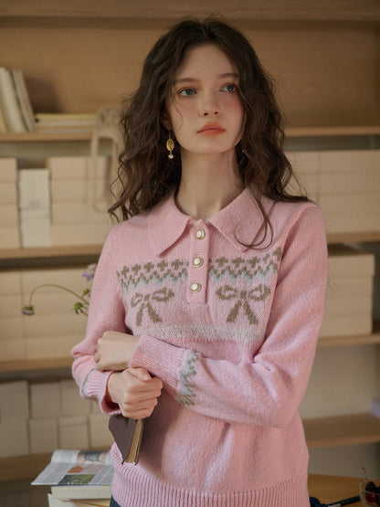 Paloma POLO領撞色蝴蝶結印花套頭針織衫