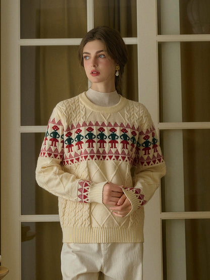 【Final Sale】Alianna Fair Isle Ribbed Round Neck Christmas Pattern Knit Sweater