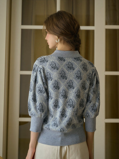 【Final Sale】Tamsin Polo Collar Floral Knit Wool Top - Gray