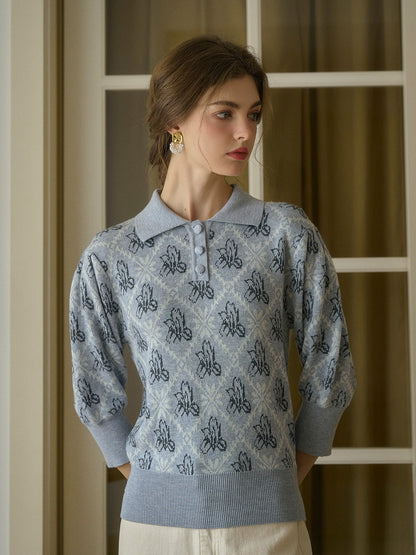 【Final Sale】Tamsin Polo Collar Floral Knit Wool Top - Gray