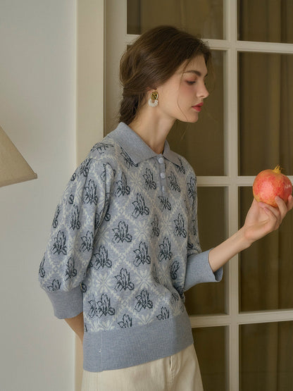 【Final Sale】Tamsin Polo Collar Floral Knit Wool Top - Gray