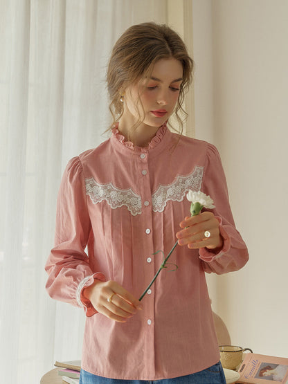 【Final Sale】Kitty Wavy Stand Collar Lace Blouse - Blue