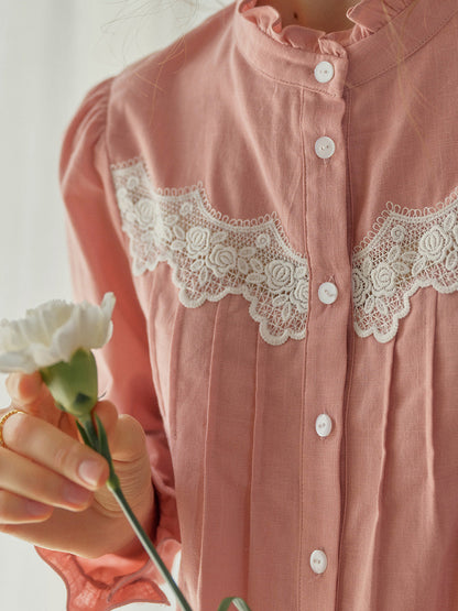 【Final Sale】Kitty Wavy Stand Collar Lace Blouse - Blue