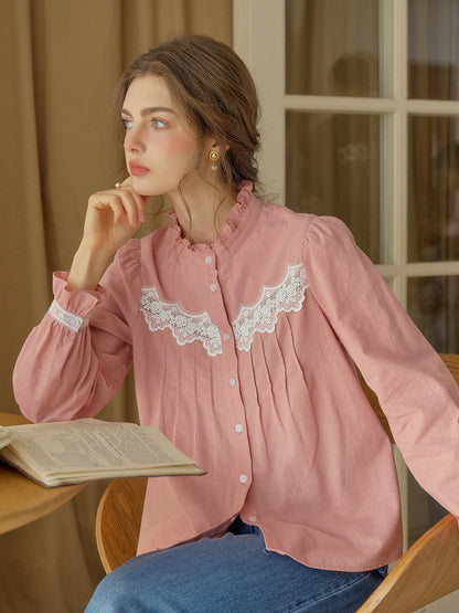 【Final Sale】Kitty Wavy Stand Collar Lace Blouse - Blue