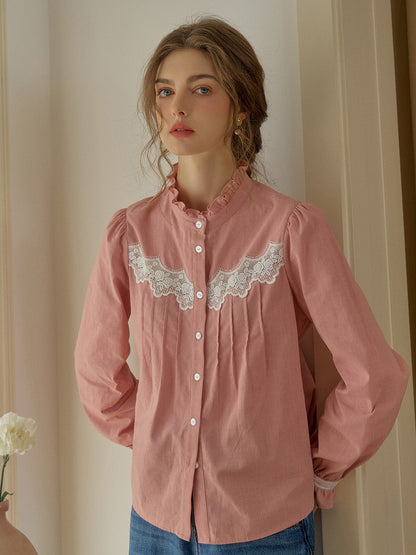 【Final Sale】Kitty Wavy Stand Collar Lace Blouse - Blue