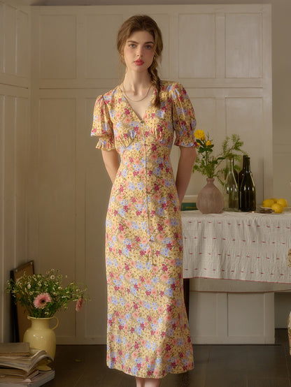 【Final Sale】Xena V-Neck Floral Puff Sleeve Dress - Apricot