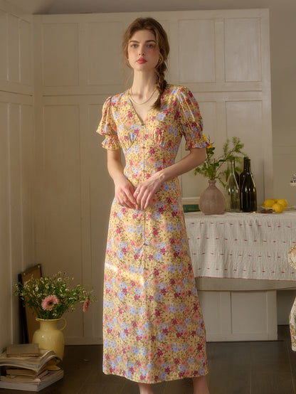 【Final Sale】Xena V-Neck Floral Puff Sleeve Dress - Apricot