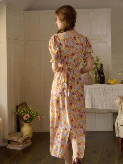【Final Sale】Xena V-Neck Floral Puff Sleeve Dress - Apricot