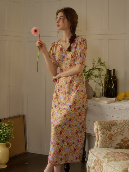 【Final Sale】Xena V-Neck Floral Puff Sleeve Dress - Apricot