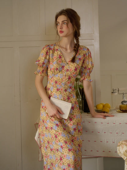 【Final Sale】Xena V-Neck Floral Puff Sleeve Dress - Apricot