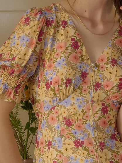 【Final Sale】Xena V-Neck Floral Puff Sleeve Dress - Apricot