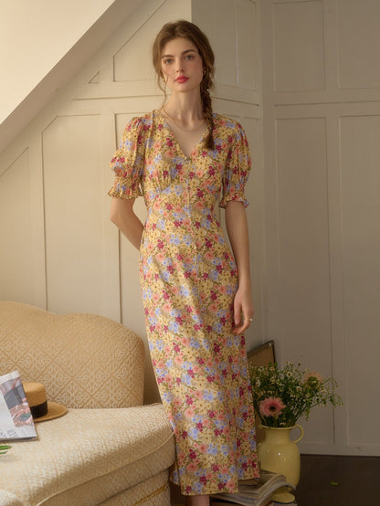 【Final Sale】Xena V-Neck Floral Puff Sleeve Dress - Apricot