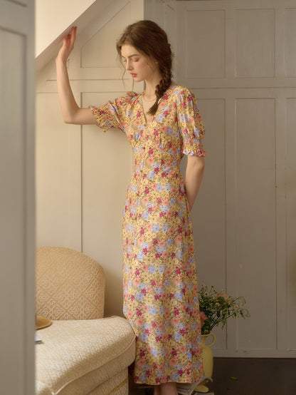 【Final Sale】Xena V-Neck Floral Puff Sleeve Dress - Apricot