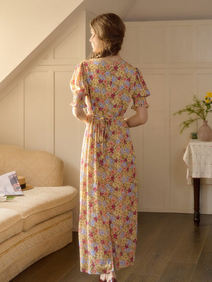 【Final Sale】Xena V-Neck Floral Puff Sleeve Dress - Apricot