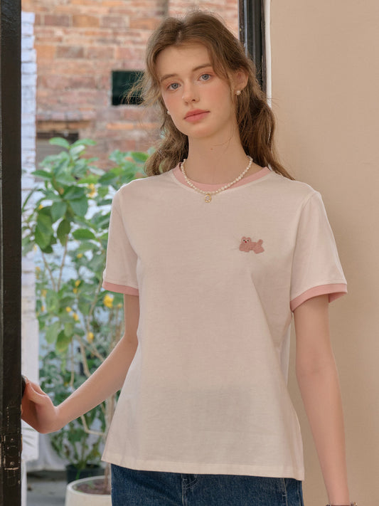 Natalie 圓領小貓刺繡100%純棉T恤