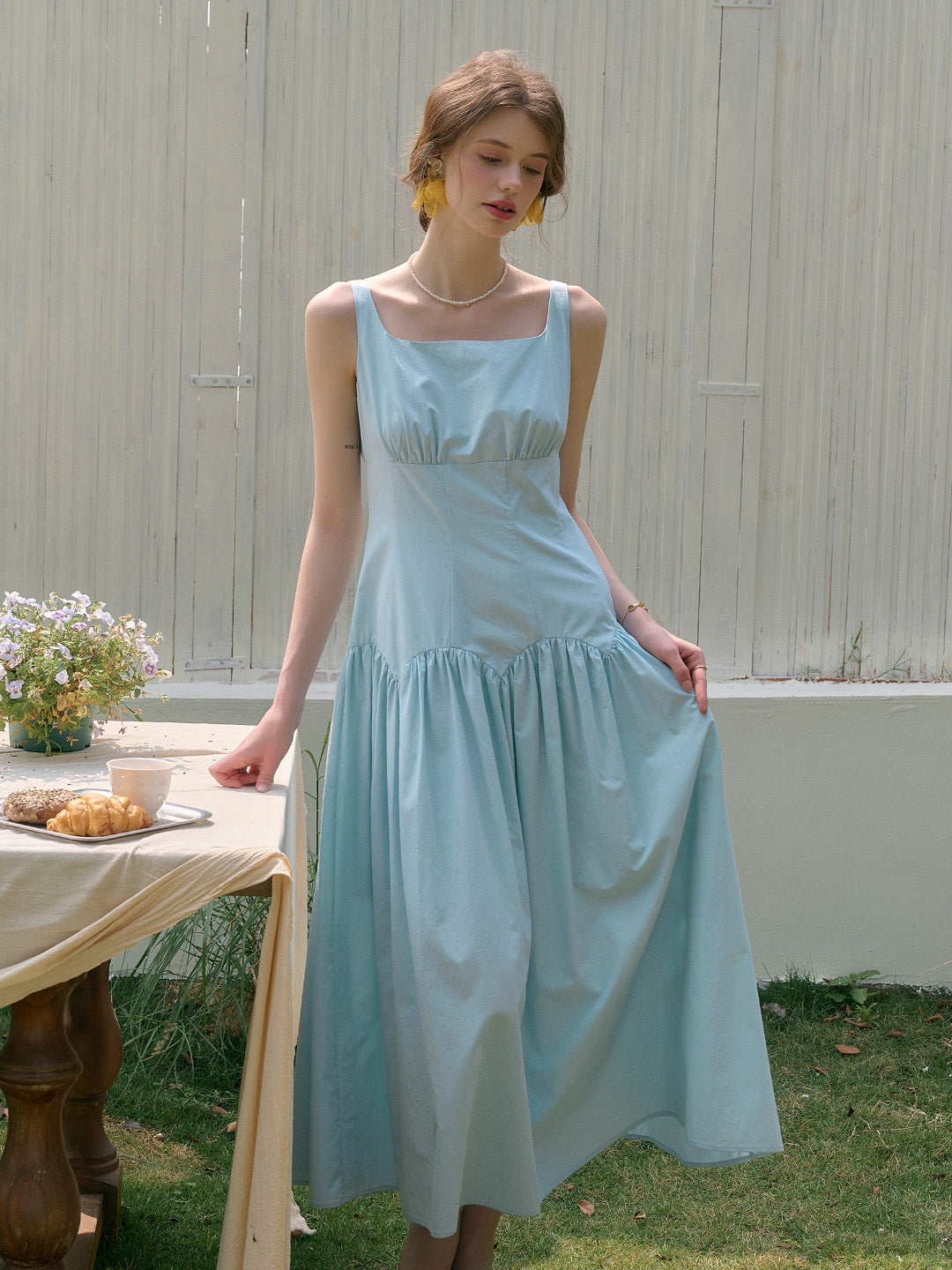 【Final Sale】Jemma Square Neck Patchwork Dress - Green
