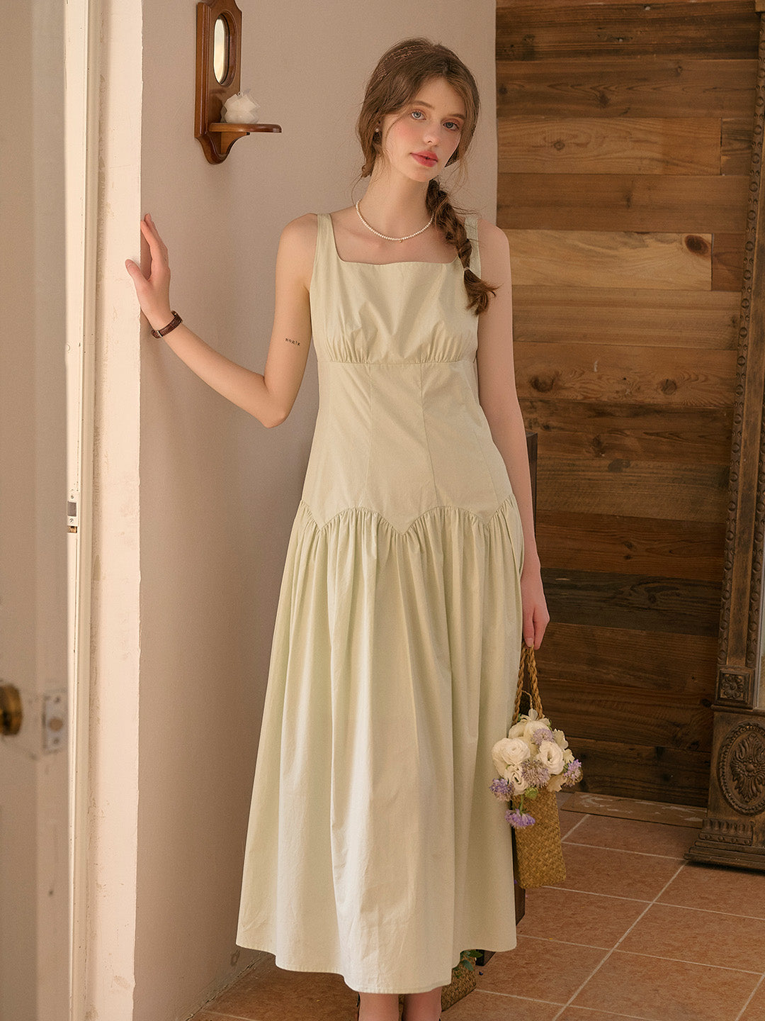 【Final Sale】Jemma Square Neck Patchwork Dress - Green