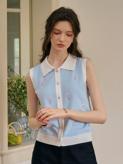 Savannah 圓領刺綉針織背心