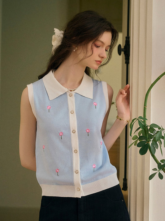 Savannah 圓領刺綉針織背心