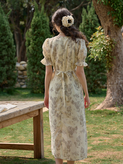 【Final Sale】Xena V-Neck Floral Puff Sleeve Dress - Apricot