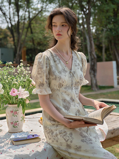 【Final Sale】Xena V-Neck Floral Puff Sleeve Dress - Apricot