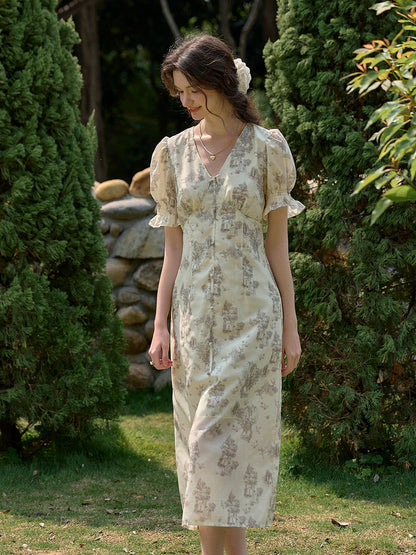 【Final Sale】Xena V-Neck Floral Puff Sleeve Dress - Apricot
