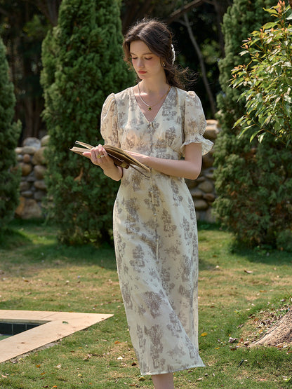 【Final Sale】Xena V-Neck Floral Puff Sleeve Dress - Apricot