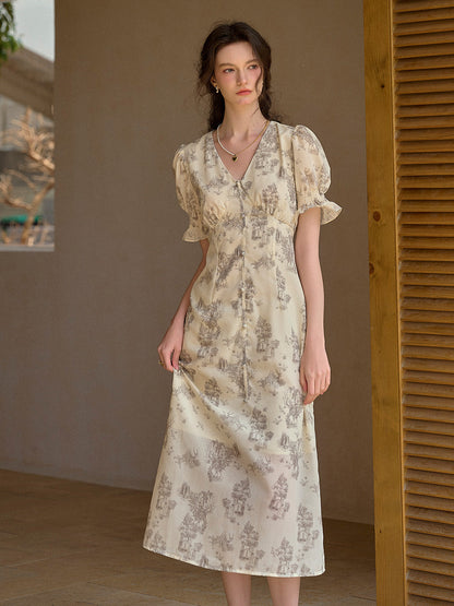【Final Sale】Xena V-Neck Floral Puff Sleeve Dress - Apricot