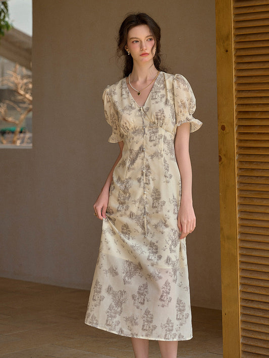 【Final Sale】Xena V-Neck Floral Puff Sleeve Dress - Apricot