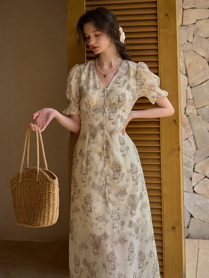 【Final Sale】Xena V-Neck Floral Puff Sleeve Dress - Apricot