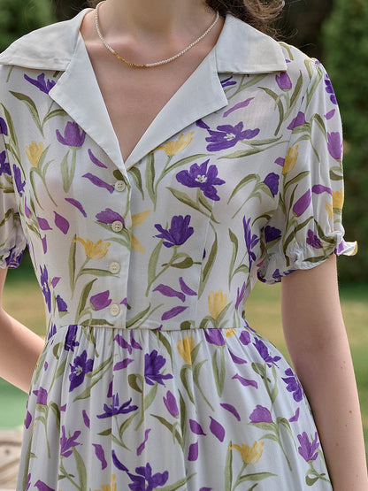 Irene 法式復古V領碎花洋裝