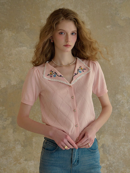 【Final Sale】Anneliese V-Neck Embroidery Knit Blouse