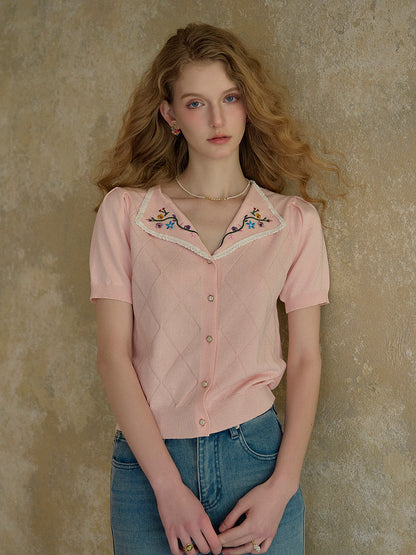【Final Sale】Anneliese V-Neck Embroidery Knit Blouse