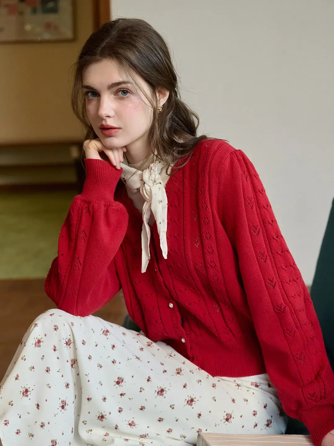 Amira V領棉質針織100%棉開襟衫