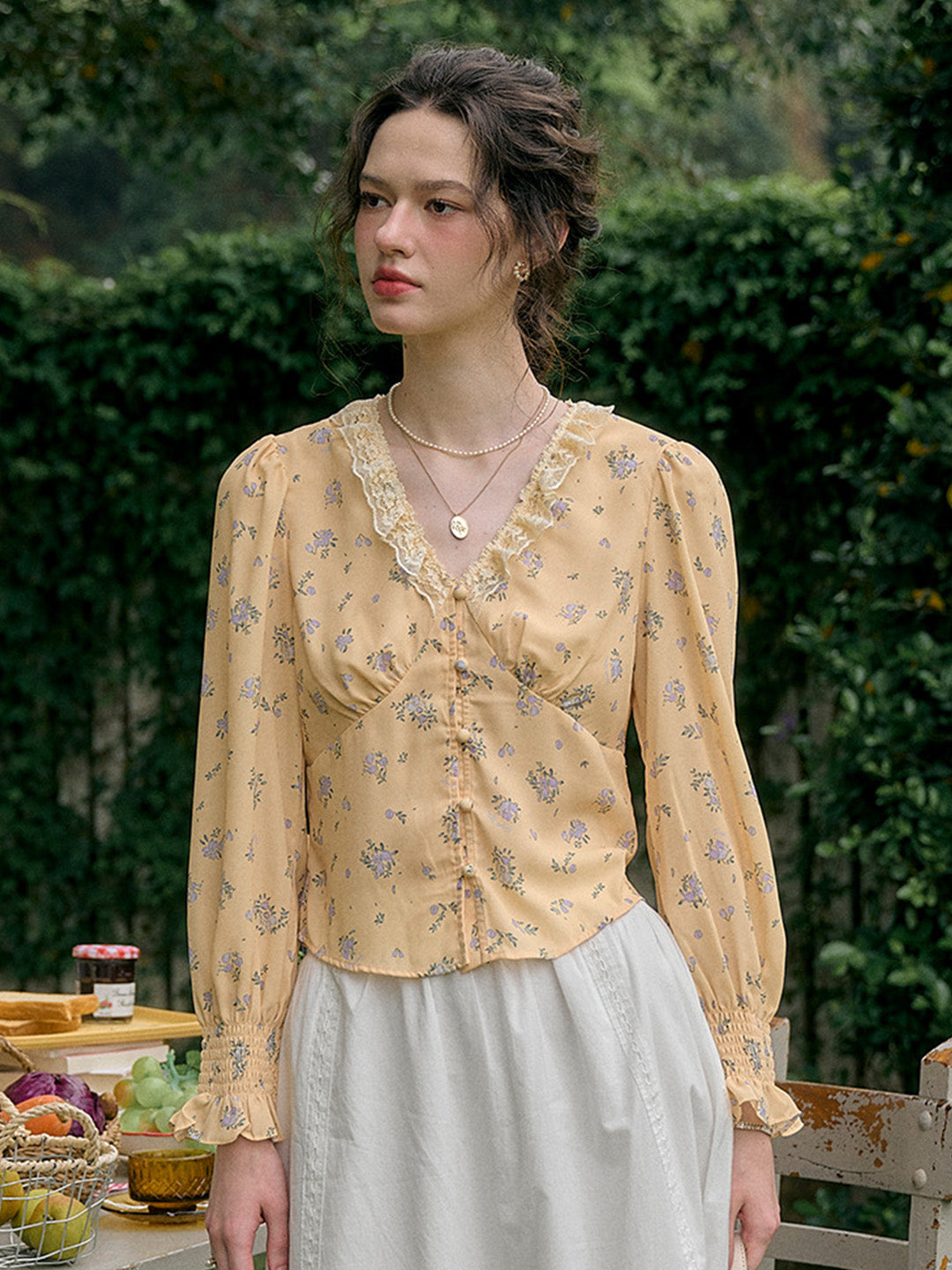 【Final Sale】Laurel V-Neck Floral Blouse - Dark Yellow