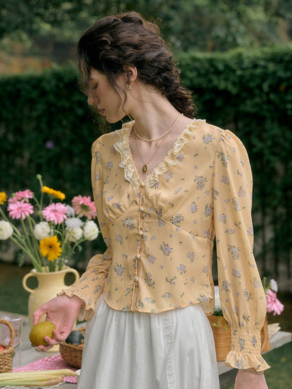 【Final Sale】Laurel V-Neck Floral Blouse - Dark Yellow