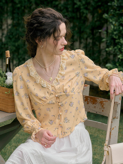 【Final Sale】Laurel V-Neck Floral Blouse - Dark Yellow