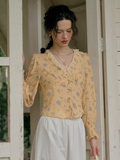 【Final Sale】Laurel V-Neck Floral Blouse - Dark Yellow