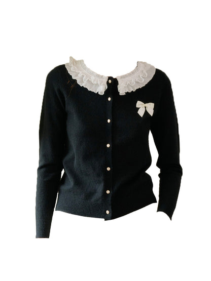 【Final Sale】Ruby Lace Lapel Contrasting Bow Cardigan - Purple