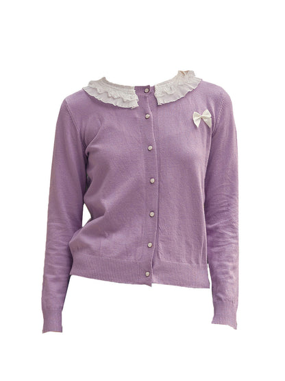 【Final Sale】Ruby Lace Lapel Contrasting Bow Cardigan - Purple