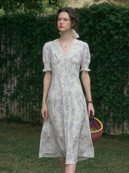 【Final Sale】Stormi Charming V-neck Lace Trimmed Floral Print Dress - Light Green