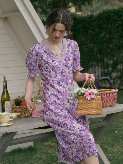 【Final Sale】Stormi Charming V-neck Lace Trimmed Floral Print Dress - Light Green