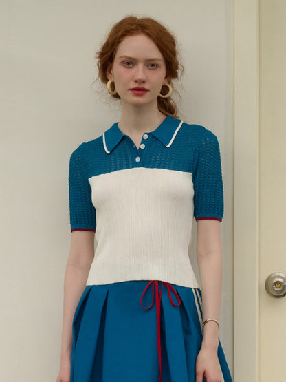 【Final Sale】Harmoni Notched Lapel Contrasting Knitted Top