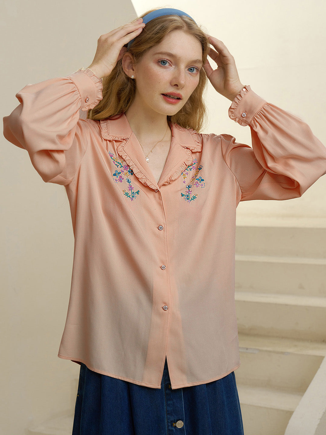 【Final Sale】Convallaria Floral Embroidered Green Puff Top