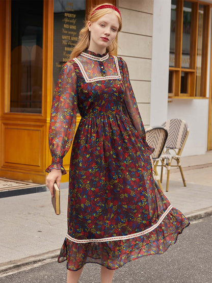 【Final Sale】Isabel Floral Print Guipure Lace Insert Flounce Sleeve Ruffle Hem Dress